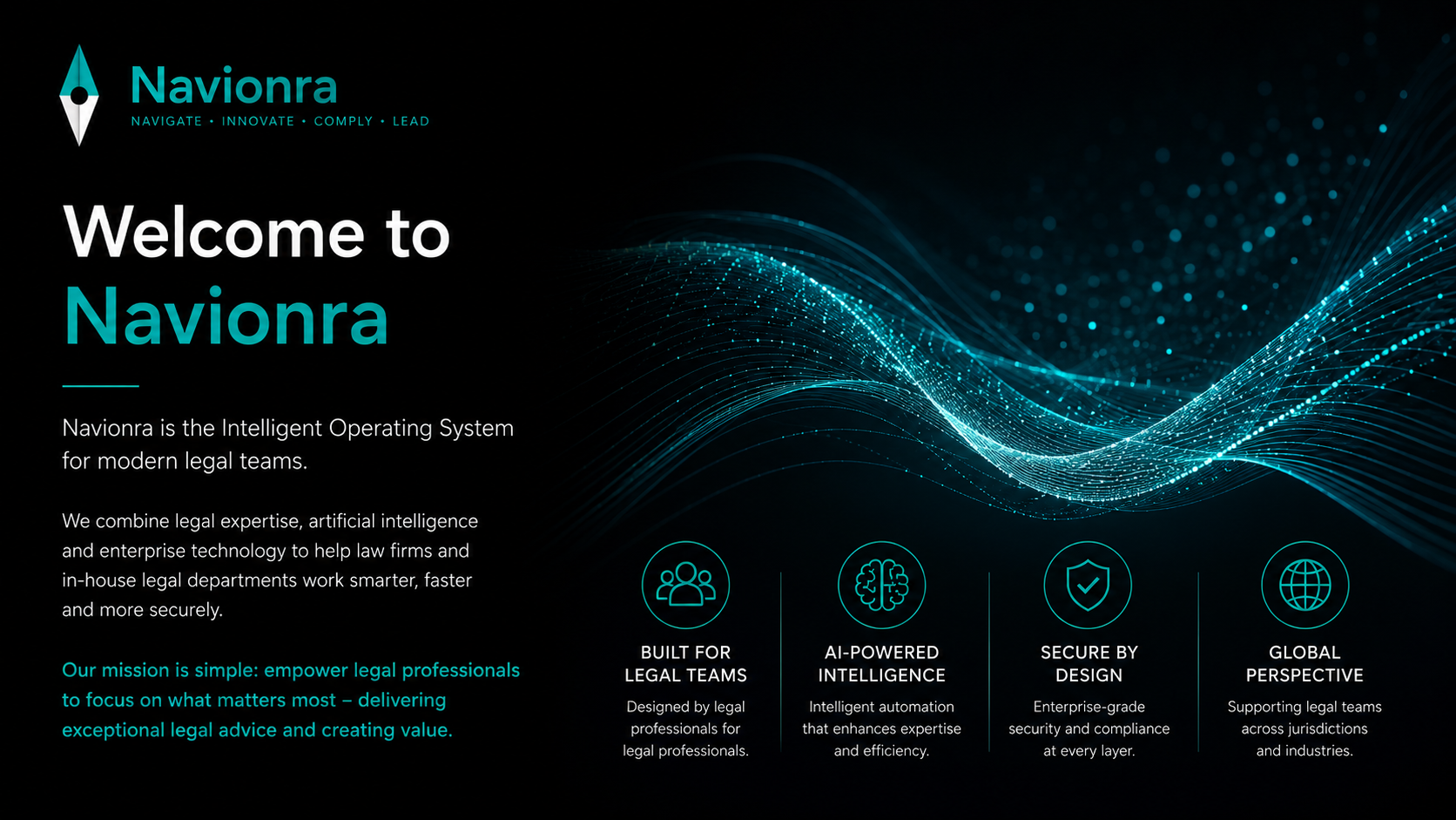 Welcome to Navionra — the Intelligent Operating System for modern legal teams. Flowing data waves representing Navionra's AI-powered legal intelligence, with icons for Built for Legal Teams, AI-Powered Intelligence, Secure by Design, and Global Perspective.